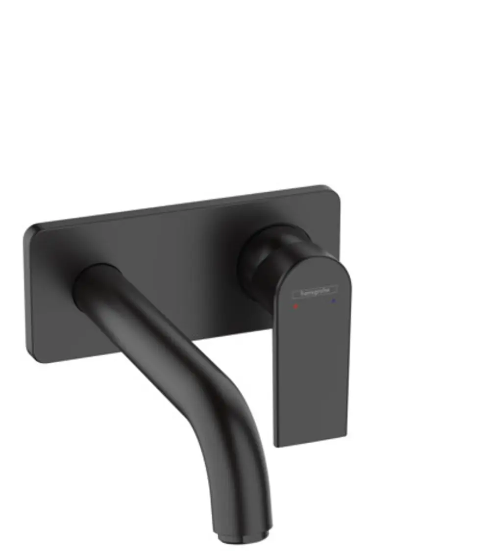 Hansgrohe Einhebel-Waschtischmischer für Wandmontage in Mattschwarz, mit einer klaren, geraden Auslaufform und einem runden Griff für die Temperaturregulierung.